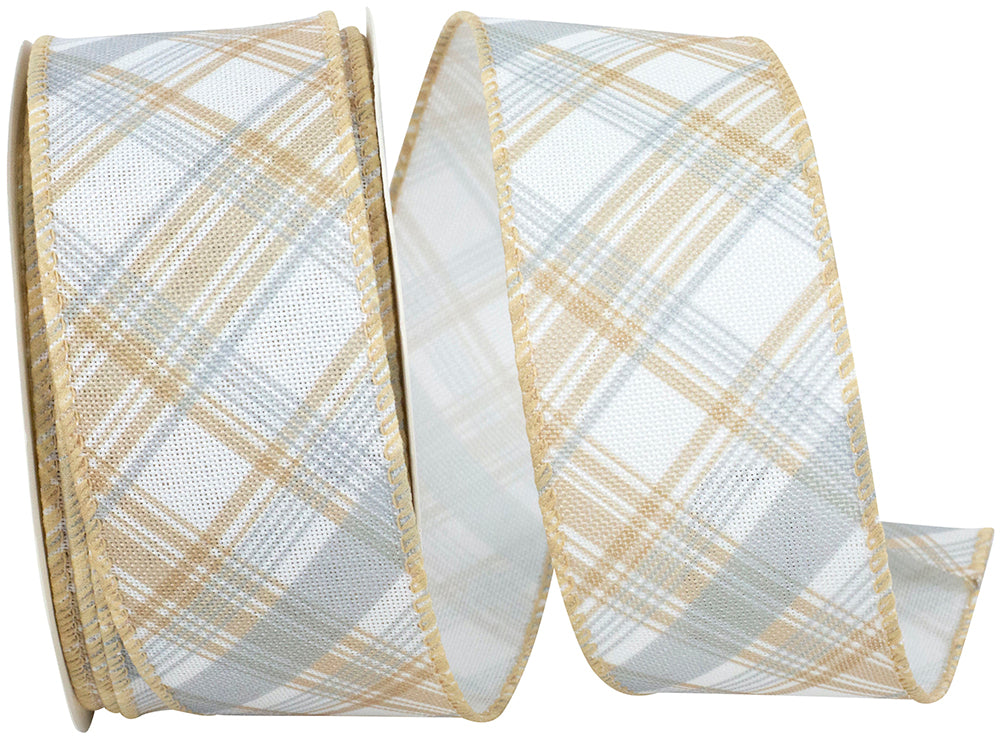 Earth Plaid Diagonal Wired Edge Ribbon Natural 1-1/2 Inch