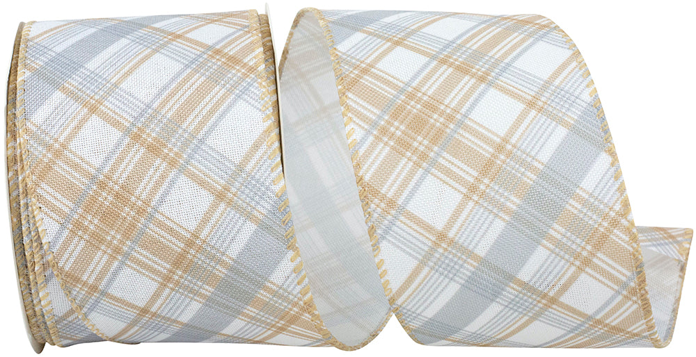 Earth Plaid Diagonal Wired Edge Ribbon Natural 2-1/2 Inch
