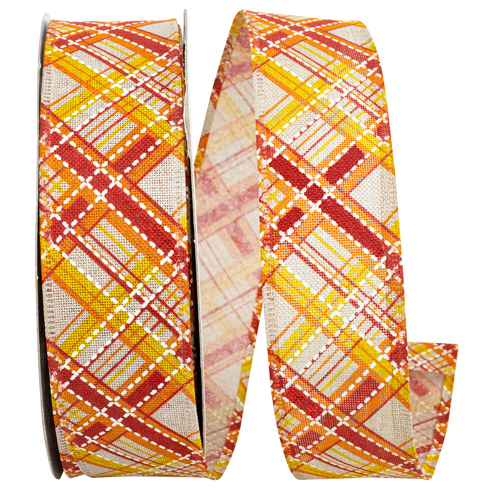 Orange 1-1/2 Inch Plaid Wired Edge Ribbon for Wreaths