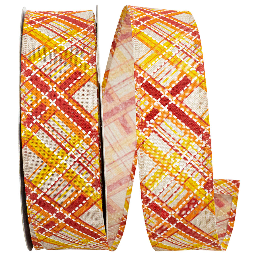 Orange 1-1/2 Inch Plaid Wired Edge Ribbon for Wreaths