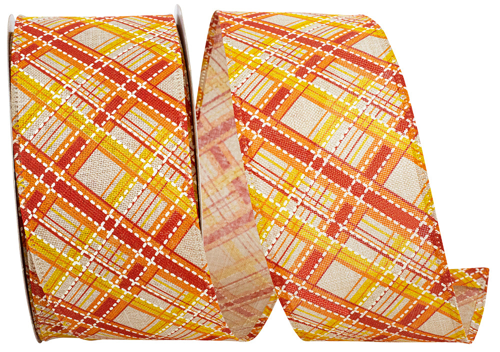 Lattice Plaid Wired Edge Ribbon Orange 2-1/2 Inch 20 Yards