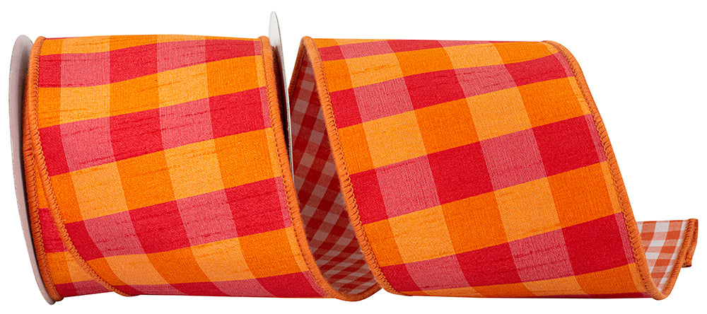 Dupioni Tierra Check Gingham Ribbon Orange Fuchsia 4 Inch