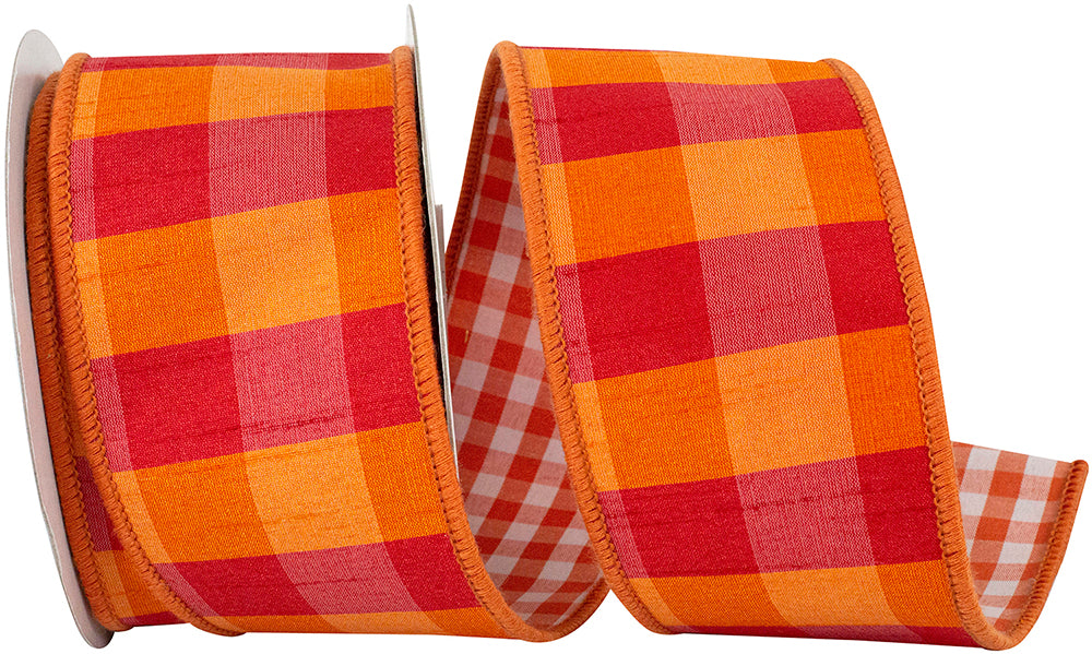 Dupioni Gingham Ribbon Orange Fuchsia 2-1/2 Inch 5 Yards