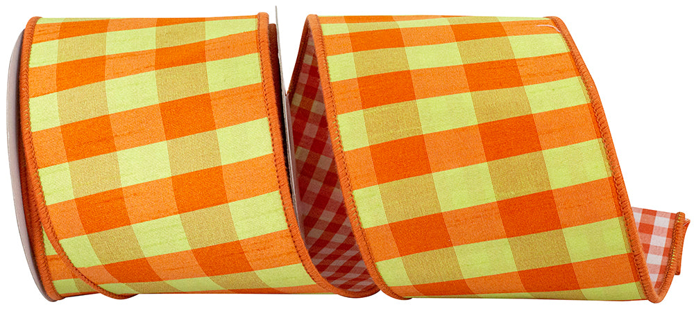 4 Inch Orange Green Dupioni Check Gingham Wired Edge Ribbon
