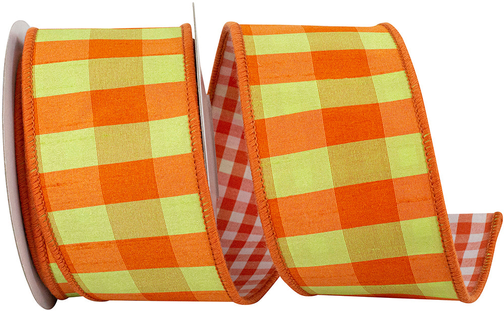 Dupioni Tierra Check Gingham Ribbon Orange Green 2.5 Inch