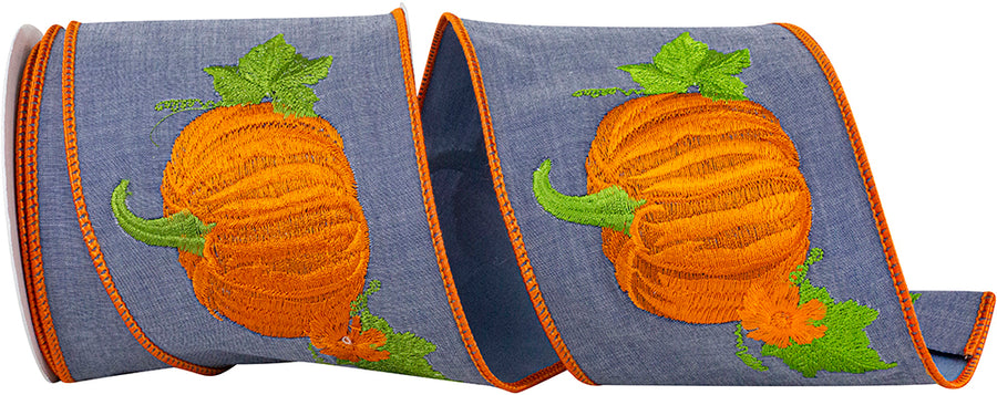 Denim Pumpkin Embroidered Deluxe Wired Edge Ribbon 4 Inch
