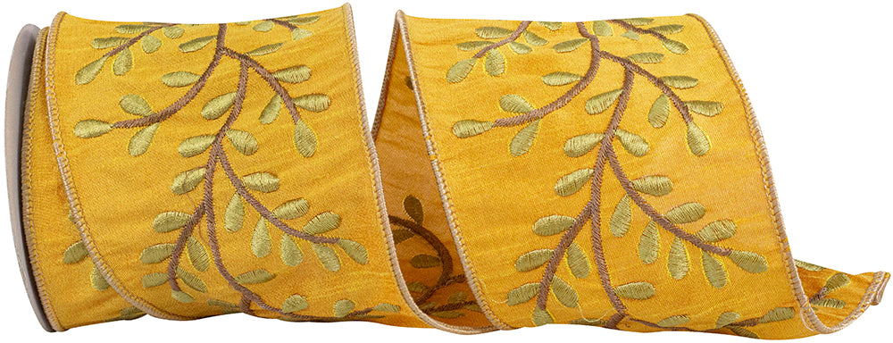Mustard 4 Inch Vine Sunset Deluxe Embroidery Wired Edge Ribbon for Wreaths & Bows