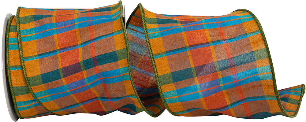 Tierra Plaid Sunset Wired Edge Ribbon Brown 4 Inch