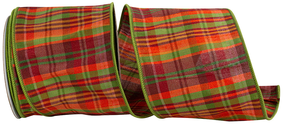 Moss Wired Edge Ribbon 4 Inch Plaid Cranberry 10 Yards