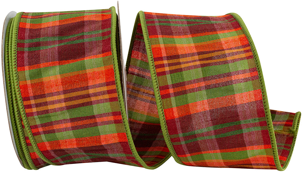 Cranberry Plaid Wired Edge Ribbon 2-1/2 Inch Moss Polyester