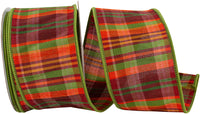 Cranberry Plaid Wired Edge Ribbon 2-1/2 Inch Moss Polyester