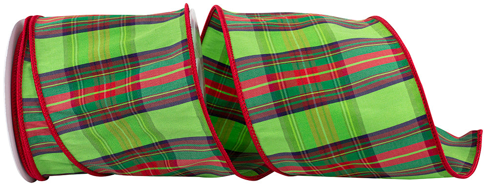 Plaid Lime Taffeta Sheen Wired Edge Ribbon 4 Inch