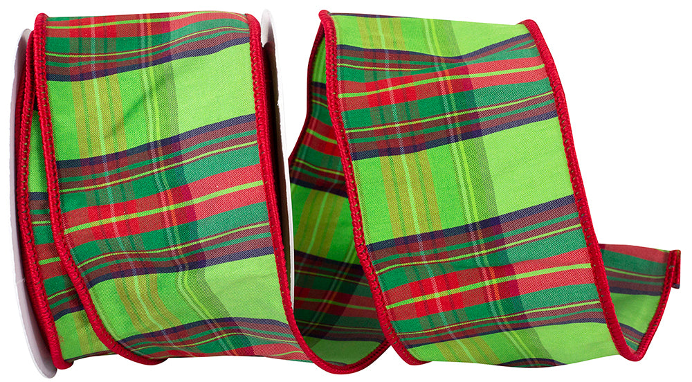 Lime Plaid Taffeta Sheen Wired Edge Ribbon 2-1/2 Inch