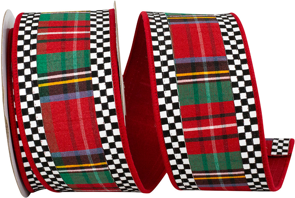 Scarlet Plaid Ticking Wired Edge Ribbon 2-1/2 Inch for Bows