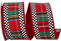 Scarlet Plaid Ticking Wired Edge Ribbon 2-1/2 Inch for Bows