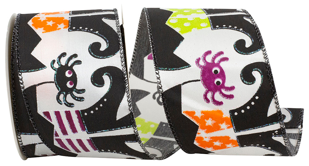 White Black 2-1 2 Inch Witches Legs & Spiders Satin Wired Edge Ribbon for Wreaths & Bows