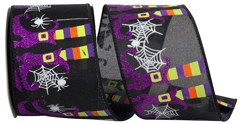 Black 2-1/2 Inch Glitter Wired Edge Ribbon with Witches Legs