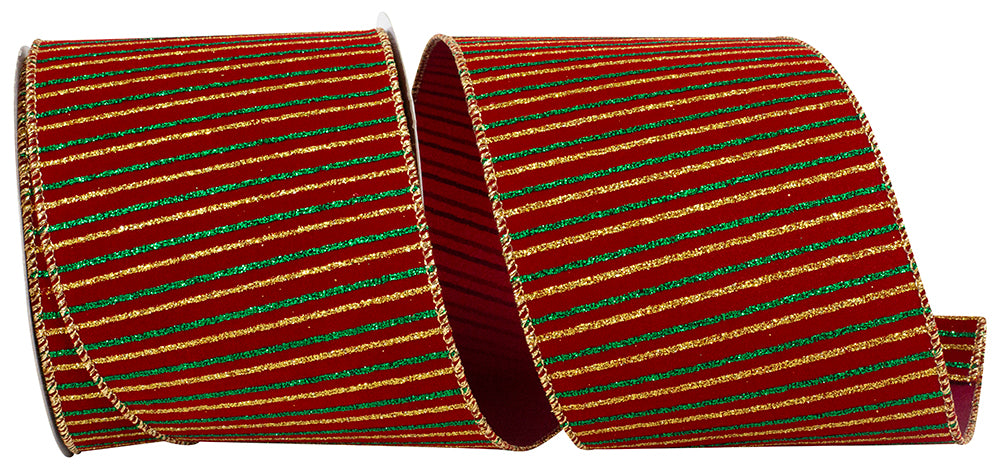 Glitter Cross Stripe Velvet Ribbon Burgundy Gold 4 Inch