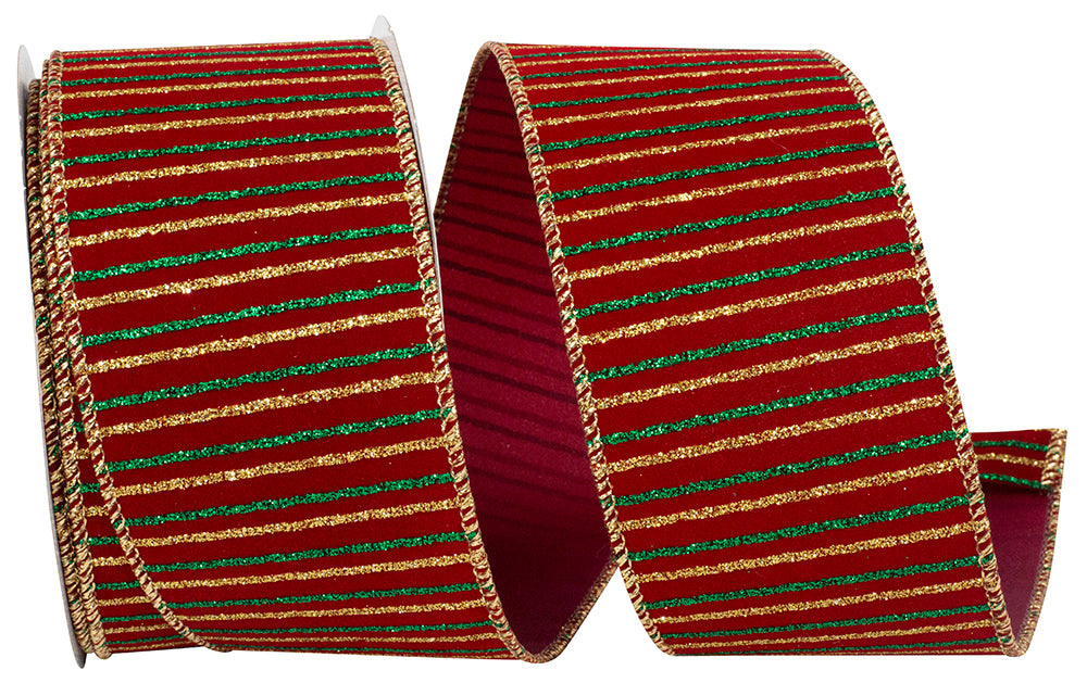 Glitter Cross Stripe Velvet Ribbon Burgundy Gold 2-1/2 Inch