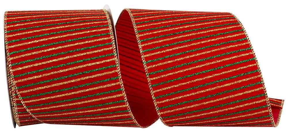 Glitter Cross Stripe Velvet Ribbon 4 Inch Red Gold 10 Yards