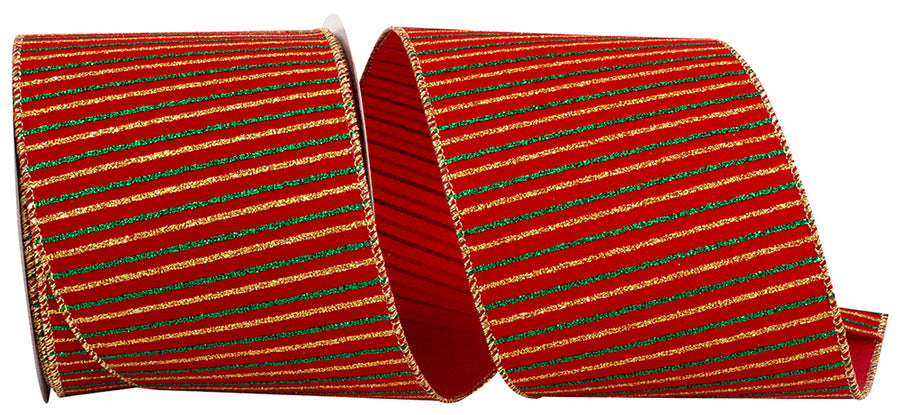 Glitter Cross Stripe Velvet Ribbon 4 Inch Red Gold 10Yds
