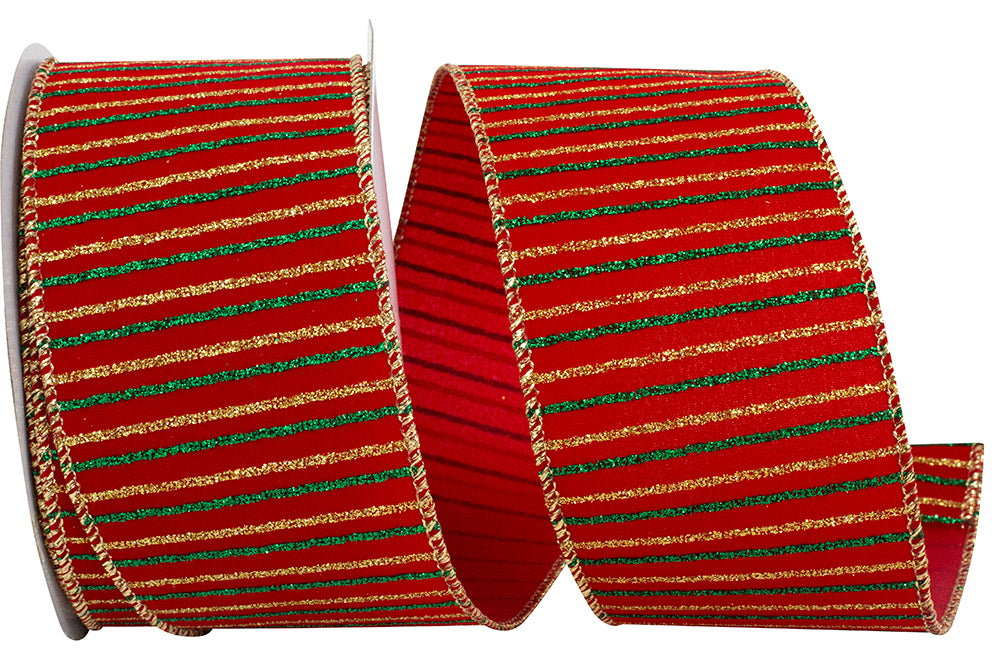 Glitter Cross Stripe Velvet Ribbon Red Gold 2-1/2 Inch