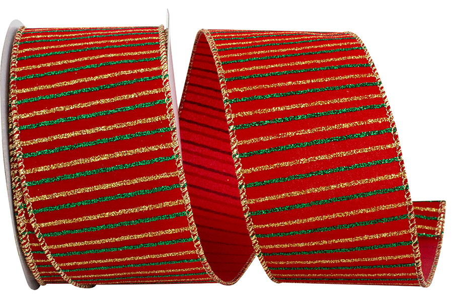 Glitter Cross Stripe Velvet Ribbon Red Gold 2-1/2 Inch