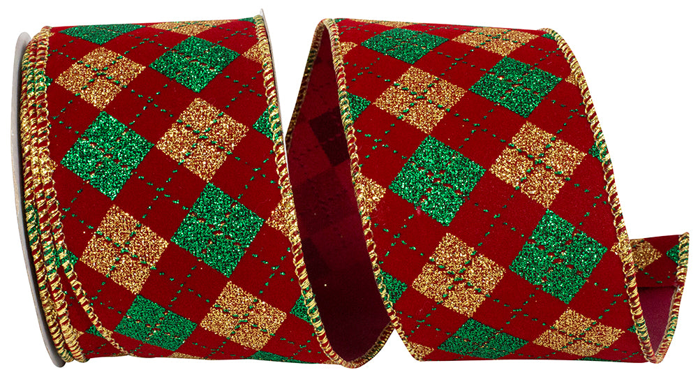 Burgundy Gold Glitter Velvet Wired Edge Ribbon 2-1/2 Inch