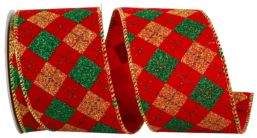 Diamond Check Glitter Velvet Ribbon Red Gold 2-1/2 Inch