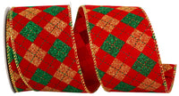 Diamond Check Glitter Velvet Ribbon Red Gold 2-1/2 Inch