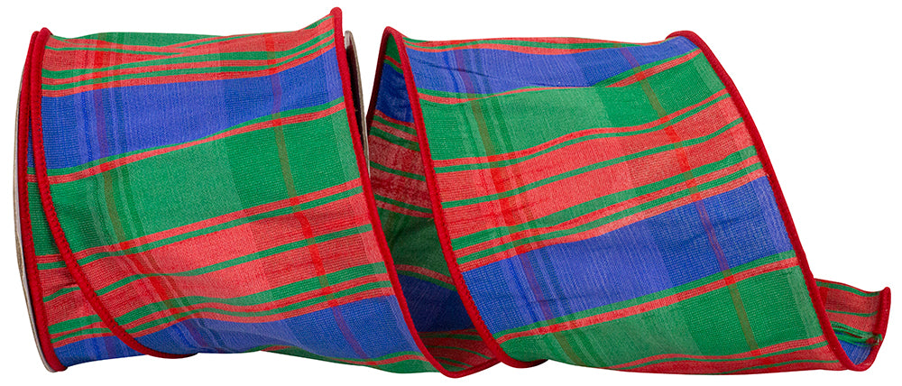 Plaid Wired Edge Ribbon 4 Inch Royal for Wreaths and Bows