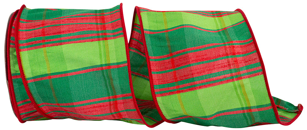 Lime Wired Edge Ribbon 4 Inch Plaid for Wreaths and Bows