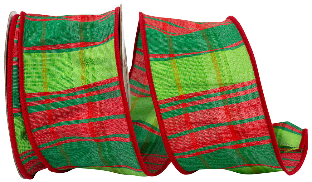 Lime Wired Edge Ribbon 2-1/2 Inch Plaid Grand Stripes
