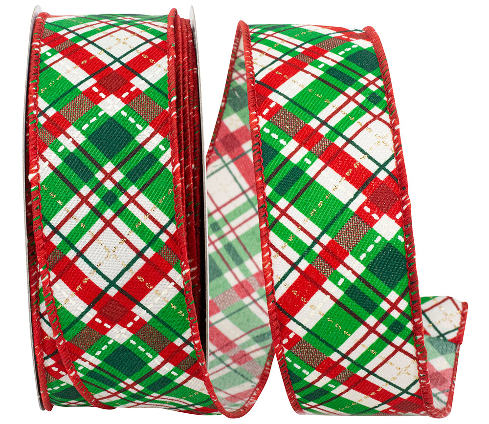 Emerald Plaid Sparkle Wired Edge Ribbon 1-1/2 Inch
