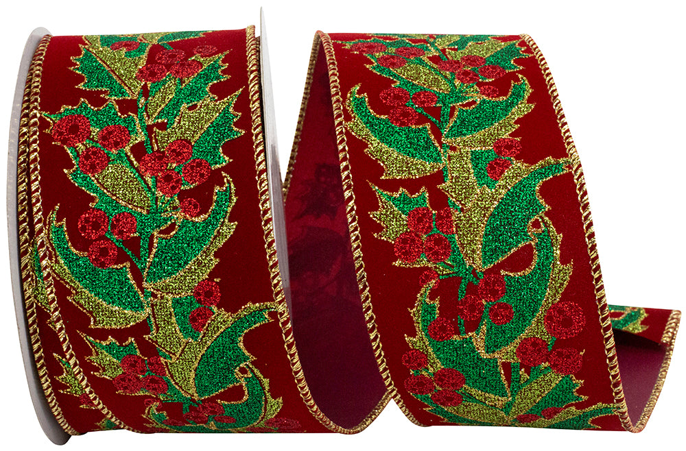 Holly Leaves Glitter Velvet Ribbon 2-1/2 Inch Wine 10 Yards