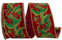 Holly Leaves Glitter Velvet Ribbon 2-1/2 Inch Wine 10Yds