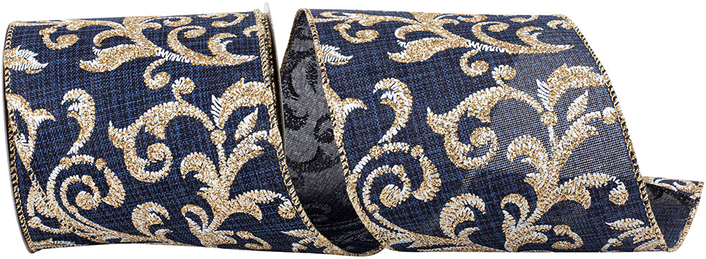 Navy 4 Inch Glitter Linen Wired Edge Ribbon for Wreaths