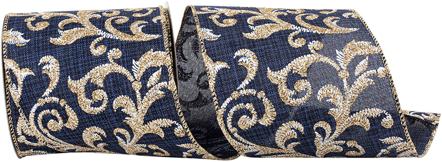 Navy 4 Inch Glitter Linen Wired Edge Ribbon for Wreaths