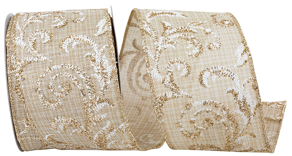 Natural Glitter Linen Wired Edge Ribbon 2-1/2 Inch