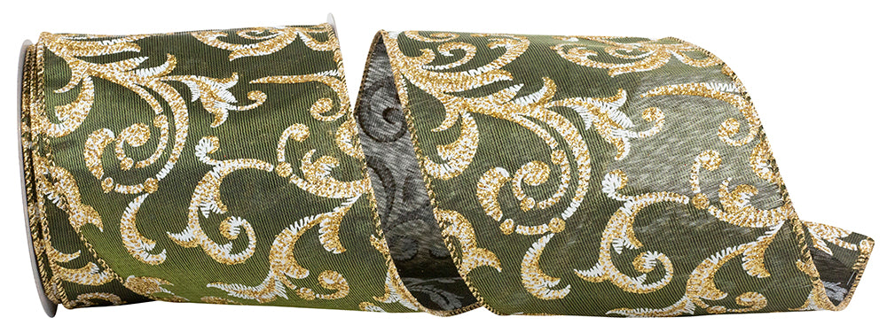 Moss 4 Inch Satin Wired Edge Glitter Ribbon for Wreaths