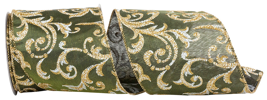 Moss 4 Inch Satin Wired Edge Glitter Ribbon for Wreaths