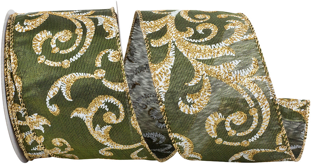 Moss Satin Wired Edge Ribbon 2-1/2 Inch Glitter Filigree