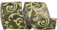 Moss Satin Wired Edge Ribbon 2-1/2 Inch Glitter Filigree