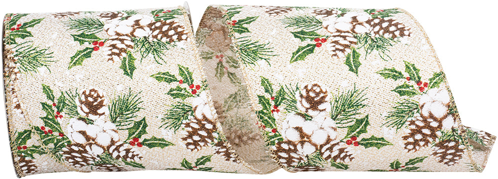 Acorn Snow Holly Glimmer Ribbon Ivory Gold 4 Inch