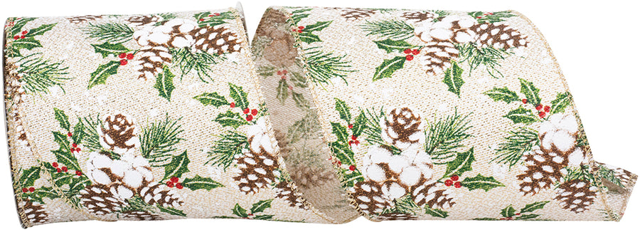 Acorn Snow Holly Glimmer Ribbon Ivory Gold 4 Inch