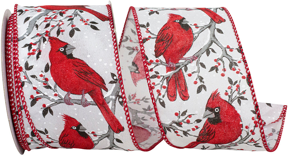 White Red 2-1 2 Inch Cardinal Perch Holly Branch Wired Edge Ribbon for Wreaths & Bows