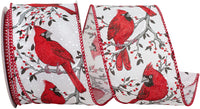 White Red 2-1 2 Inch Cardinal Perch Holly Branch Wired Edge Ribbon for Wreaths & Bows