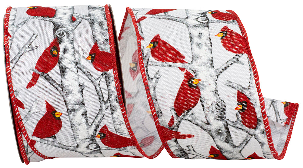 White Red 2-1 2 Inch Cardinal Perch Forest Linen Wired Edge Ribbon for Wreaths & Bows