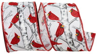 White Red 2-1 2 Inch Cardinal Perch Forest Linen Wired Edge Ribbon for Wreaths & Bows