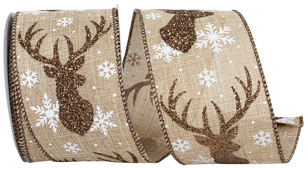 Deer Antler Glitter Snowflakes Linen Wired Edge Ribbon 2.5 Inch
